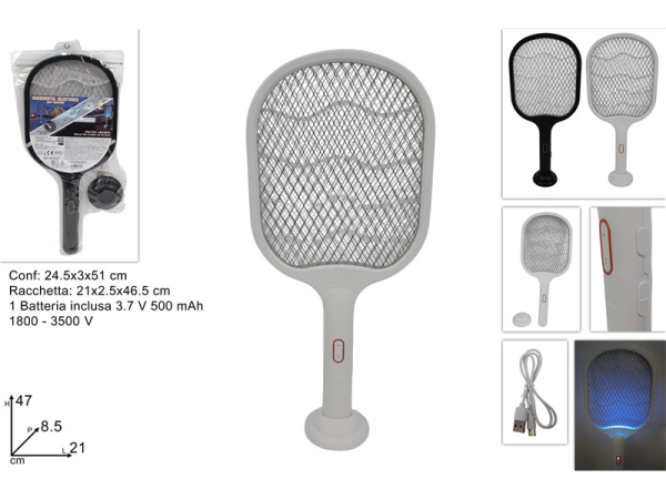 RACCHETTA ZANZARE RICARICABILE C/LUCE E BASE