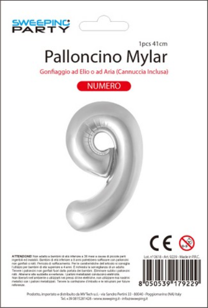 MYLAR PALLONCINO CM. 41 N. 9 COL. ARGENTO