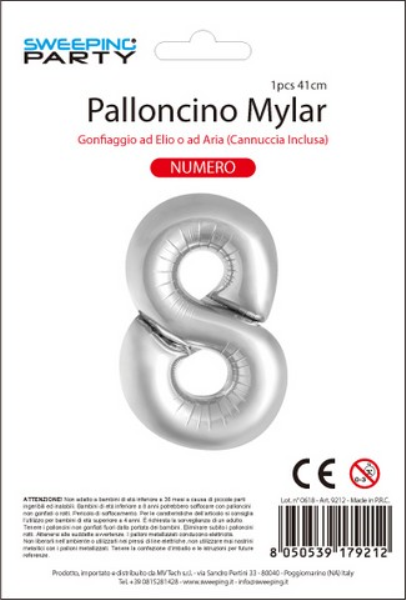 MYLAR PALLONCINO CM. 41 N. 8 COL. ARGENTO