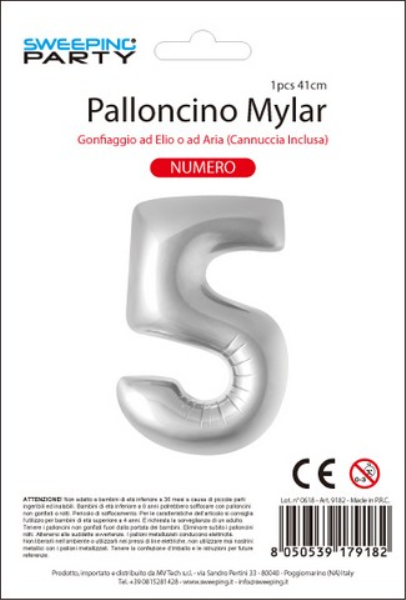 MYLAR PALLONCINO CM. 41 N. 5 COL. ARGENTO