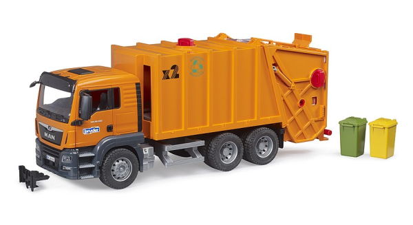 BRUDER MAN TGS camion trasporto rifiuti arancione