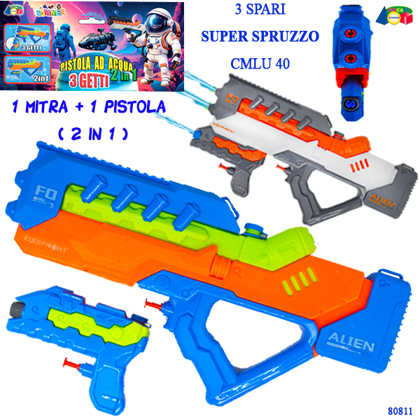 PISTOLA ACQUA 40cm 3 SPARI (2 IN 1) — immagine 1
