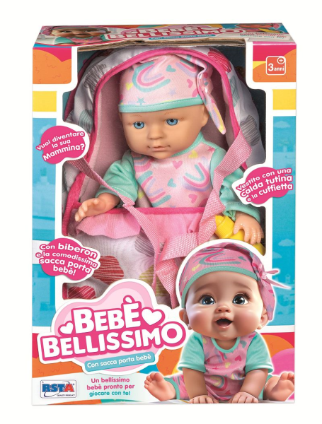 BAMBOLA BEBE BELLISSIMO 30 CM CON SACCA E BIBER
